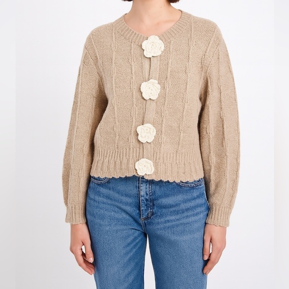 New In Rose Crochet Button Cabled Soft Beige Cardigan - Picture 1 of 11